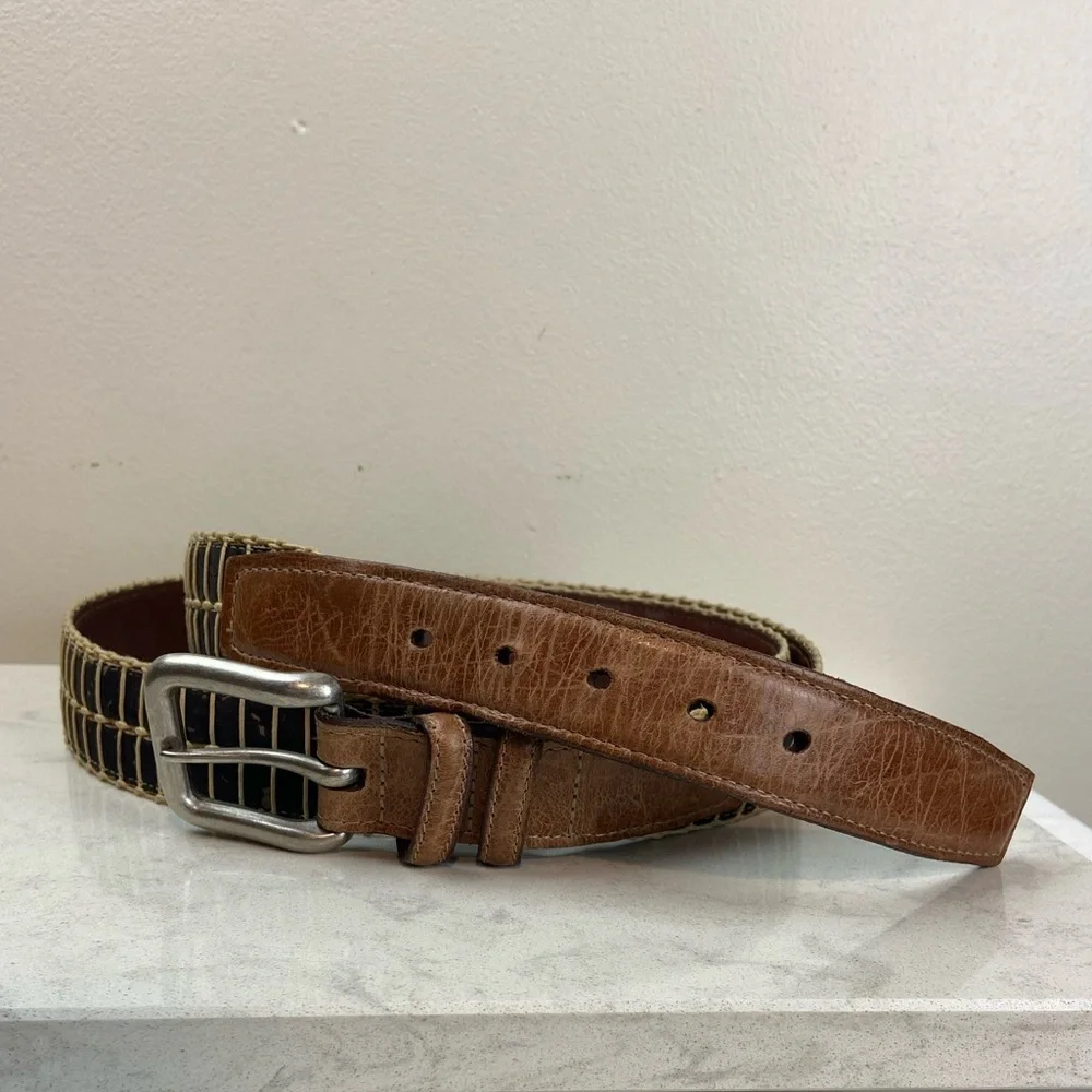 Men’s Vintage Torino Leather Cork Woven Belt Brown & Black Classic Casual Style